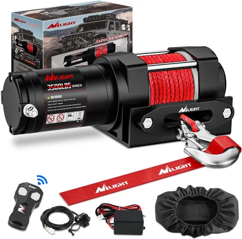 Nilight Cabrestante Eléctrico para ATV de 3500 libras 12V con Cuerda de Cabrestante Sintética Control Remoto Inalámbrico Interruptor Cableado Guía