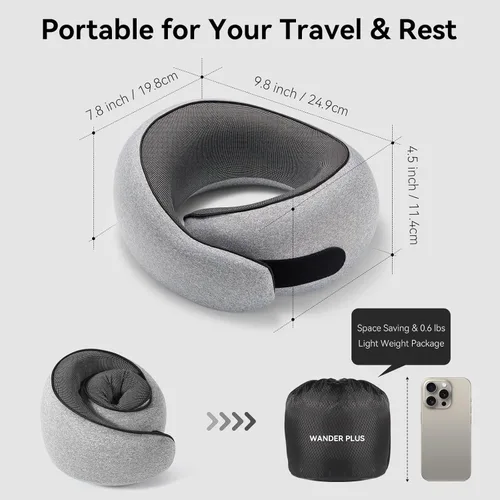 Vista 2 de WANDER PLUS® Travel Pillow, 100% Pure Memory Foam Travel Neck Pillow Airplane Neck Support Ergonomic Design Best for Sleeping Plane Car Train Office