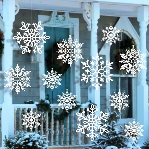 12 piezas de copos de nieve colgantes de Navidad grandes para exteriores, copos de nieve colgantes grandes blancos en diferentes tamaños para