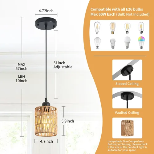 Vista 5 de Lámpara Colgante de Ratán Boho para Isla de Cocina, Candelabros de Granja de Altura Ajustable Lámpara Colgante para Comedor, Luminarias de Luces