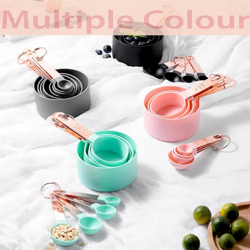 Vista 7 de Juego de tazas y cucharas medidoras con mango de acero inoxidable de oro rosa, 8 cucharadas apilables y precisas para medir ingredientes secos
