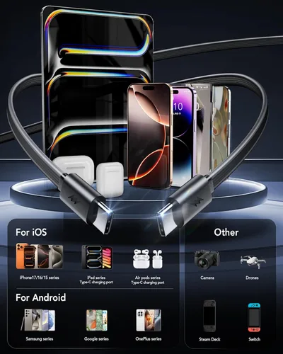 Vista 2 de Cargador de pared USB C retráctil con enchufe de pared, cables tipo C dobles de 35.5in/90cm, bloque plegable multi cargador de 40W de carga rápida