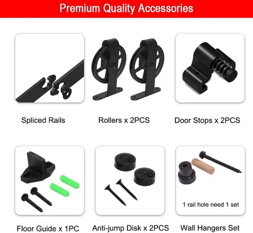 Vista 9 de Kit de rieles de 98-2/5 pulgadas para puerta corrediza de granero, rodillo de rueda negro básico para puertas individuales, sistema de rieles