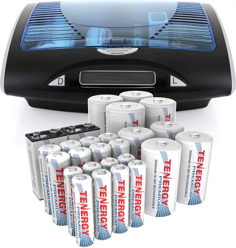Tenergy T9688 Cargador de batería LCD AA/AAA/C/D/9V NiMH/NiCD + Batería recargable NiMH de 26 celdas de primera calidad 8AA/8AAA/4C/4D/2 pilas de 9V