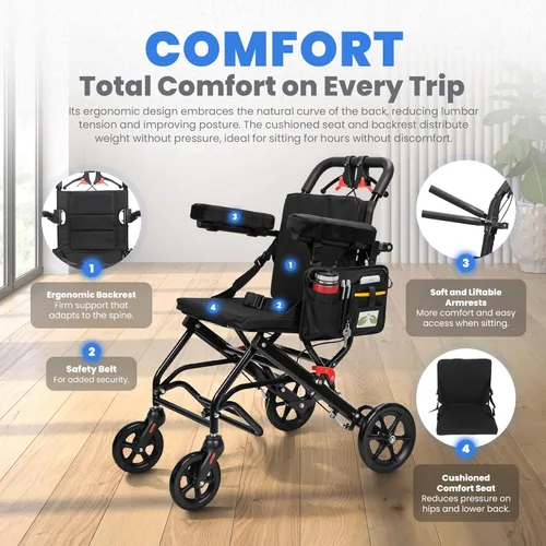 Vista 3 de Silla de ruedas de transporte, ligera, plegable, de 19 libras, asiento y refuerzo de mango, silla de transferencia para ancianos y discapacitados