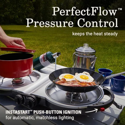 Vista 3 de Coleman Fold ‘N Go 2-Burner Propane Stove, Dual Adjustable Burners with 20,000 BTUs of Power & InstaStart Ignition, Great for Camping, Tailgating