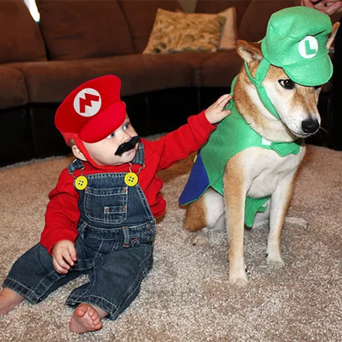 Vista 6 de Jolbndcv Super Mario Bros - Sombrero rojo Luigi verde con guantes botones y barba para disfraz de cosplay