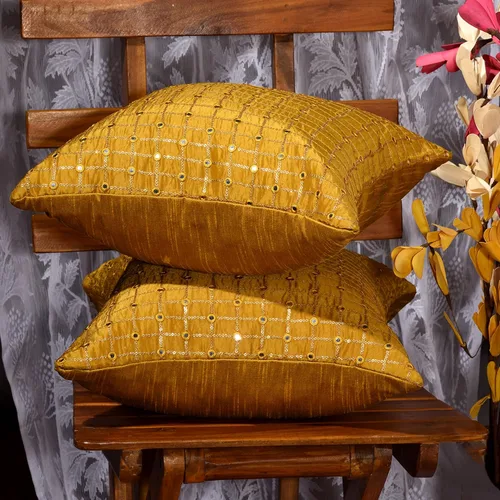 Vista 3 de Juego de 2 almohadas doradas de 18 x 18 pulgadas, almohadas decorativas para sofá, fundas de almohada bordadas, fundas de almohada doradas mostaza