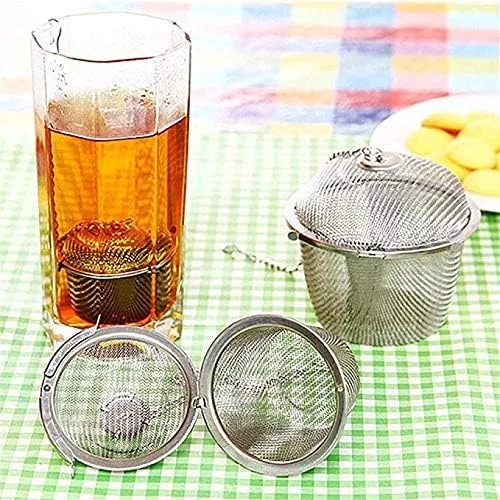 Vista 7 de 4 unids tapa encadenada acero inoxidable té colador malla infusor forma bola de té especias condimento bolsa herramientas de cocina