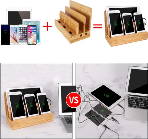 Vista 5 de Estación de carga de escritorio multidispositivo de madera de bambú Soporte de cargador compatible con iPhone 16 15 14 13 12 11 Pro Max iPad mini
