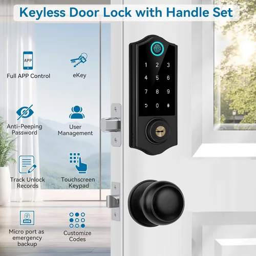 Vista 3 de HARFO Cerraduras inteligentes de huellas dactilares para puerta delantera con mango, control por aplicación, cerradura de puerta sin llave