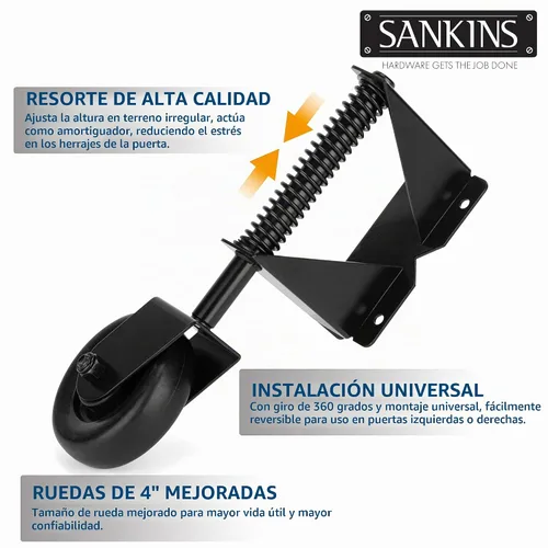 Vista 2 de Rueda resistente con resorte con placa de montaje universal de 360 grados para madera, puertas de metal, valla de PVC, 4 pulgadas, capacidad de 220