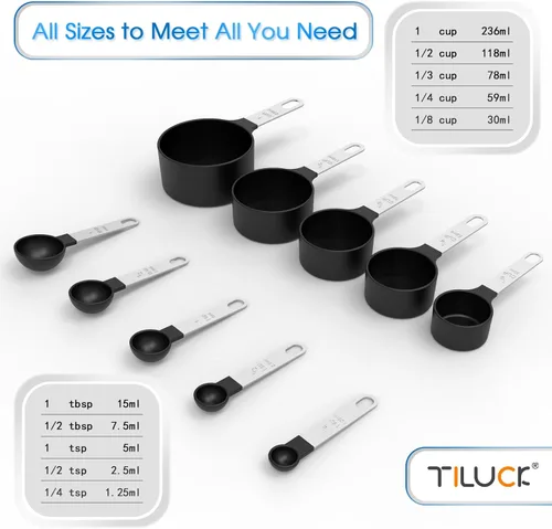 Vista 3 de TILUCK Juego de tazas y cucharas medidoras, tazas y cucharas apilables, tazas medidoras anidables con mango de acero inoxidable, accesorios de Negro