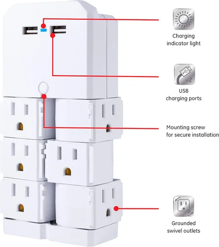 Vista 2 de GE Extensor de 6 tomas con tomas giratorias, 2 puertos USB, grifo de pared Blanco