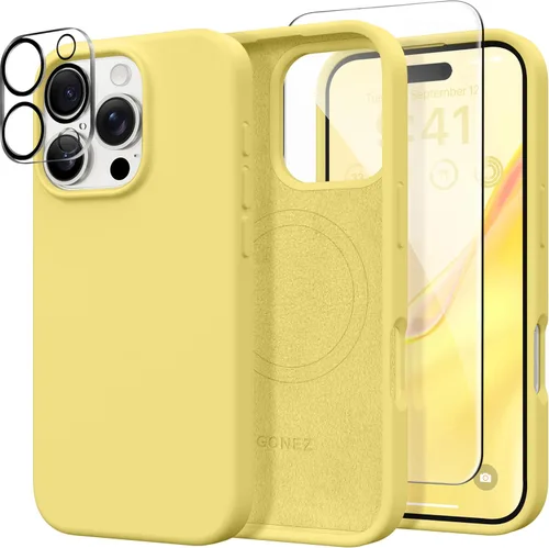 Vista 675 de GONEZ Funda magnética para iPhone 14, compatible con Magsafe, con protector de pantalla + protector de cámara, forro de microfibra antiarañazos