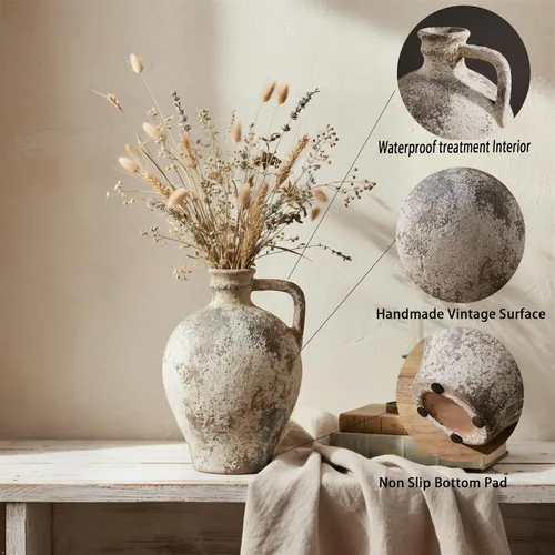 Vista 4 de LUKA Jarrón de cerámica rústico estilo granja, jarrón de terracota de 8.25 pulgadas con asa, jarrones de maceta de arcilla neutra jarrón decorativo