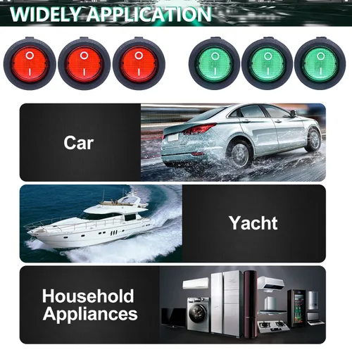 Vista 6 de Twidec /6 unids interruptor basculante redondo AC 6A 125V 10A 250V SPST 3 pines 2 posiciones ON/OFF luz LED roja y verde iluminada redonda barco
