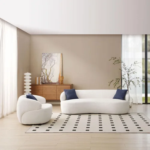 Vista 140 de JUSTONE Sofá de sala de estar curvado moderno de mediados de siglo de 101 pulgadas, sofá de tela Boucle de 4 asientos para dormitorio, oficina, beige