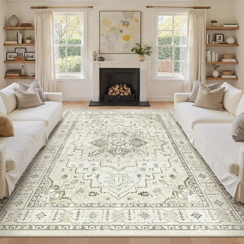 Vista 102 de zesthome Alfombras de área de 5 x 7, lavables a máquina, para sala de estar, dormitorio, resistentes a las manchas, vintage, de gran área, Beige