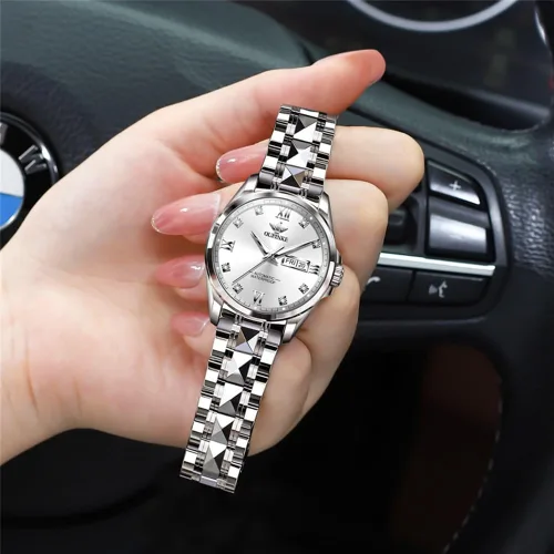 Vista 3 de OLEVS Reloj automático para mujer, color azul, dos tonos, fecha, reloj mecánico, calendario, reloj de pulsera impermeable con diamantes