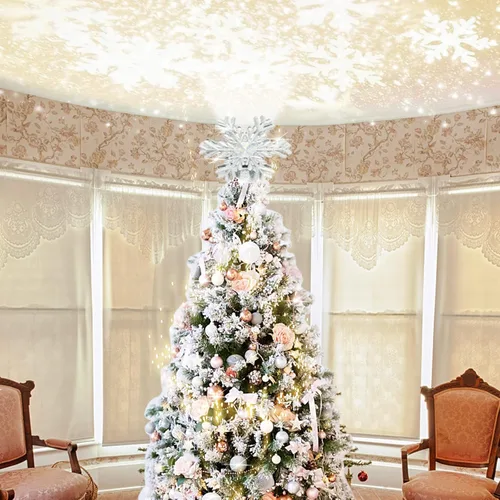 Vista 2 de fohuas - Decoración para árbol de Navidad con proyector 3D Snowfalso, lámpara de luz LED giratoria de copo de nieve para festivales de Navidad