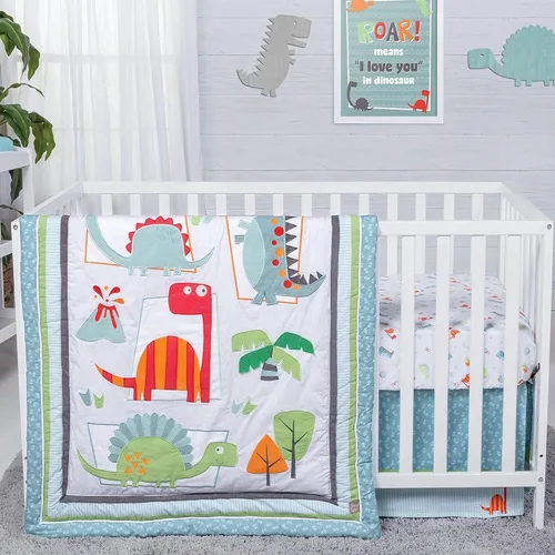 Vista 9 de Trend Lab Jungle Roar - Juego de ropa de cama transpirable de 4 piezas para cuna de bebé, incluye edredón, 2 sábanas ajustables para cuna y falda