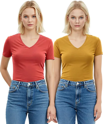 Vista 195 de Emmalise Camiseta de manga corta para mujer, cuello en V, tallas junior y plus