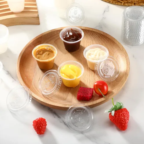 Vista 4 de Macarrie 1000 recipientes de 1 onza con tapas, tazas de condimentos de 1 onza desechables para soufflé, tazas de salsa, recipiente de ensalada, taza