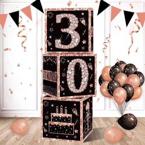 Vista 10 de Eiurteao Cajas de 3 piezas de decoraciones de cumpleaños número 40 para mujeres, cajas de globos de cumpleaños número 40 en oro rosa, suministros