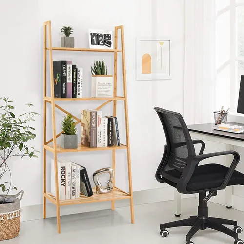 Vista 2 de Giantex Estantería de bambú de 4 niveles, estantes de almacenamiento multifuncionales con dispositivo antivuelco, estante de escalera de bambú