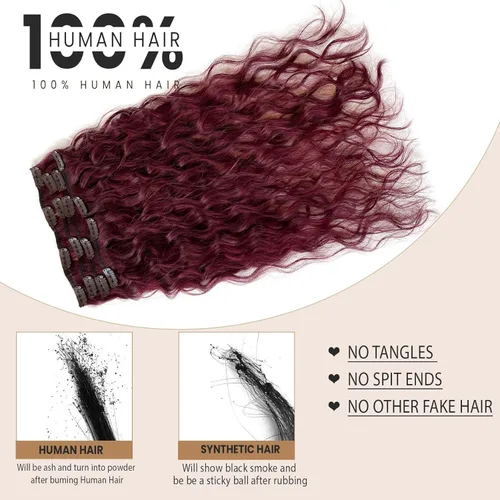 Vista 2 de Extensiones de cabello humano con clip, color burdeos, extensiones de cabello humano largo ondulado con clip, 2.47 onzas, 7 unidades, extensiones
