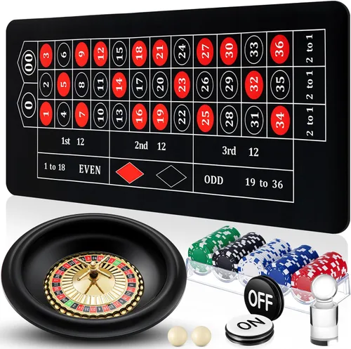 Set de juego de ruleta Lunmon incluye rueda de ruleta negra de 16" (40 cm), tapete de goma para mesa de 35" x 16", 100 fichas, botón de croupier,