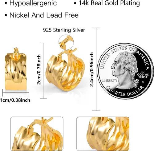 Vista 3 de Silver Earrings Hammered Small Chunky Hoop Earrings for Women A-oro de 14 quilates