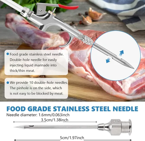 Vista 3 de Bomba eléctrica inyectora de carne con manguera, jeringa inyectora de marinada de acero inoxidable de 70 W con 10 agujas para barbacoa, pavo, cerdo