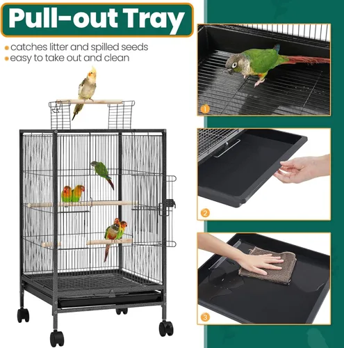Vista 7 de Yaheetech Jaula para pájaros de hierro forjado de 35 pulgadas con parte superior abierta de juego y soporte rodante para pájaros pequeños como