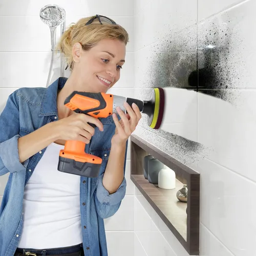 Vista 2 de SCRUBIT Cepillo de taladro de limpieza eléctrica – Limpiador de tinas y azulejos de alta resistencia – Kit de cepillo de taladro incluye accesorio