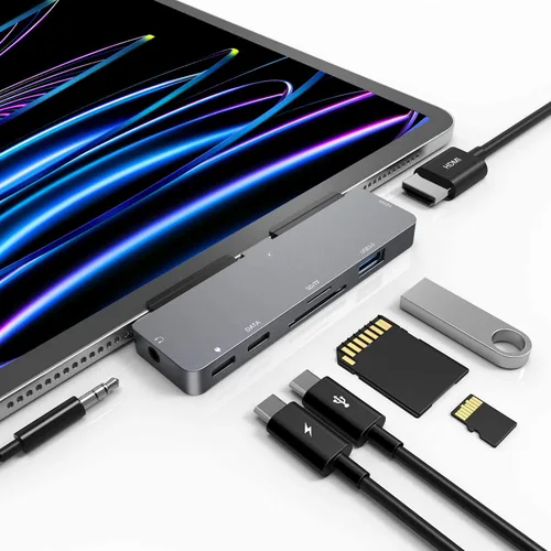iPad Pro USB C Hub, adaptador 7 en 1 para iPad Pro M4 M2 M1 13 12.9 11 pulgadas iPad Air 5 4 estación de acoplamiento con 4K HDMI, USB-C PD, lector