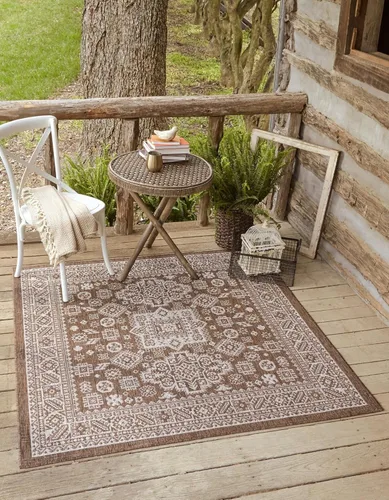 Vista 313 de Unique Loom Outdoor Aztec Collection Alfombra de área - Chalca (10 pies, redonda, azul/marfil)