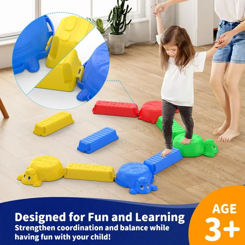 Vista 5 de 16 piezas de viga de equilibrio y piedras de paso para niños - 4 piedras de paso en forma de tortuga y 12 vigas conectables con función de sonido
