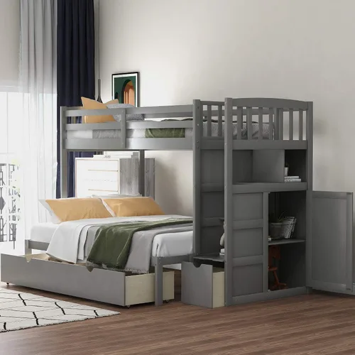 Litera individual sobre matrimonial/individual con escaleras y cajones de almacenamiento para niños, litera de madera con cama inferior convertible
