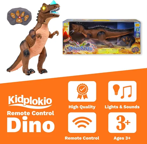 Vista 4 de Juguetes de dinosaurio T Rex con control remoto RC para niños, luces LED, sonidos de color marrón, a partir de 3 años