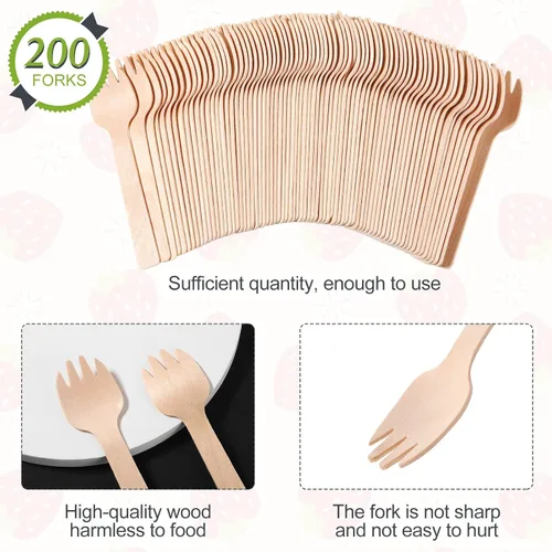 Vista 5 de Honoson 200 tenedores de madera desechables pequeños tenedores a granel para aperitivos, cubiertos, mini utensilios, tenedor para tartas