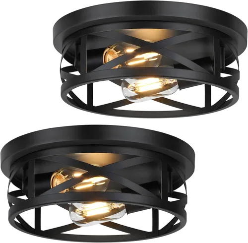 Bosceos lámparas de techo de montaje empotrado de 2 luces, juego de 2 lámparas de techo de granja en negro, lámparas de techo de jaula de metal