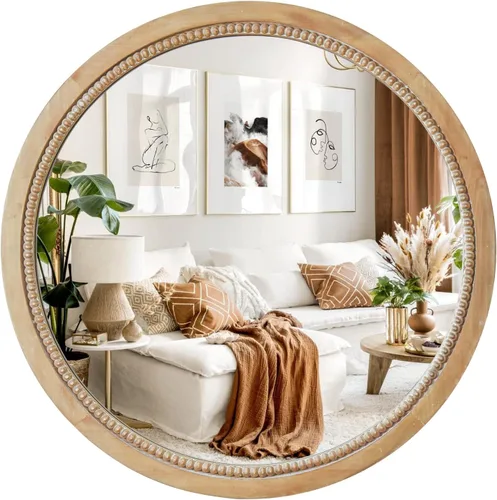 Sawsile - Espejo redondo de madera, 45 cm, espejo circular rústico de granja con marco natural de madera con cuentas boho, espejo de pared para