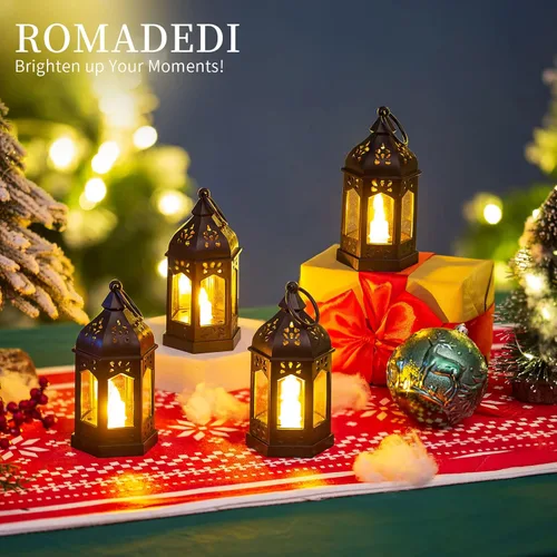 Vista 2 de Romadedi Mini Linternas Decorativas para Centro de Mesa: 10 piezas de linterna pequeña negra colgante a granel con velas LED parpadeantes