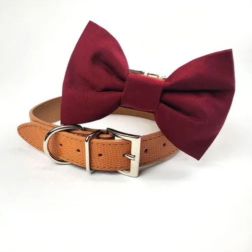 Vista 5 de Collar de moño para perro burdeos, collar de boda para perro, collar de perro de boda rojo profundo, collar formal para perro, ropa de boda