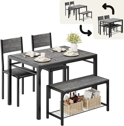 Vista 14 de Shahoo Mesa de cocina y 2 sillas para 4 personas con banco, juegos de comedor de 4 piezas para espacios pequeños, color marrón rústico