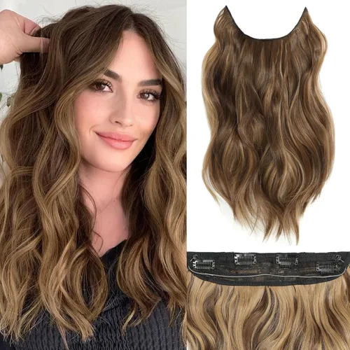 Vista 41 de Extensiones de cabello tipo aureola de 20 pulgadas, alambre invisible, ajustable, cabello largo ondulado, mejora sintética, 4 clips de seguridad