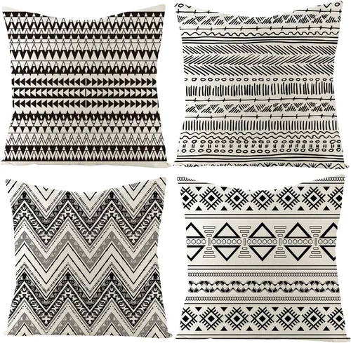 Vista 7 de HOSTECCO Juego de 4 fundas de almohada geométricas para exteriores de 18 x 18 pulgadas, fundas de almohada bohemias en blanco y negro, impermeables