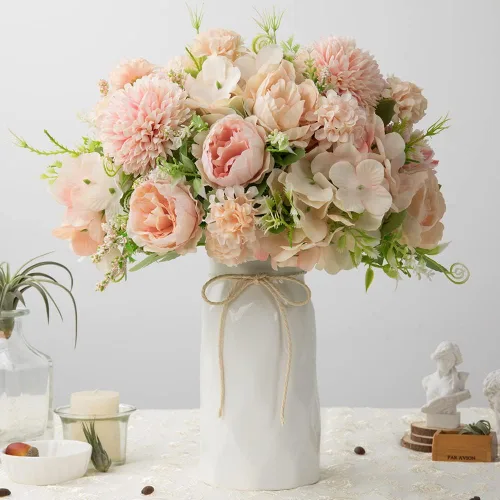 Vista 8 de LESING Peonía artificial con florero, ramos de flores de seda, hortensias falsas a granel para el hogar, centros de mesa, decoración de boda (azul-1)